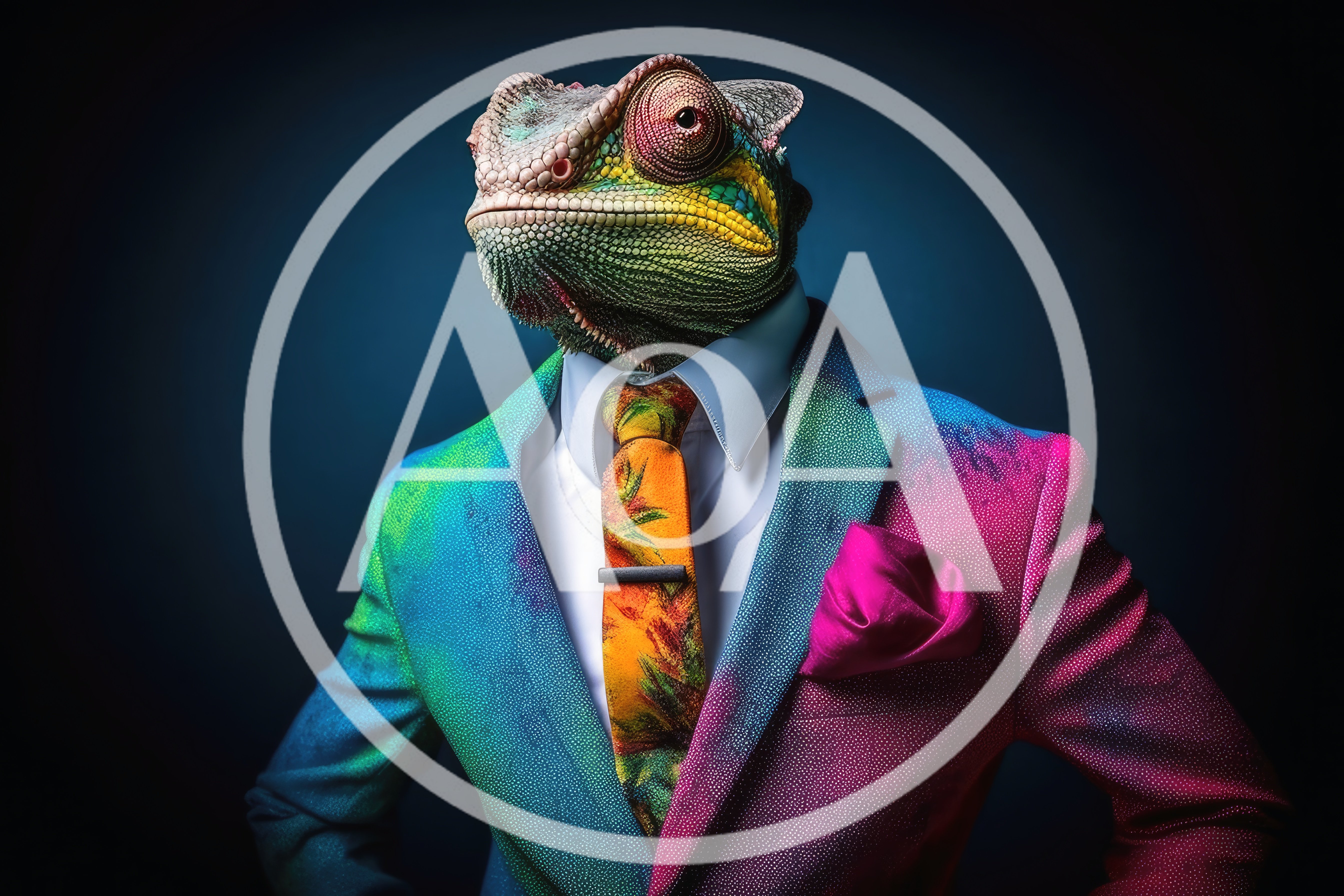 Chameleon Headed Businessman In Colorful Suit