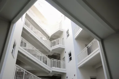 Modern White Apartment Building Exterior Courtyard