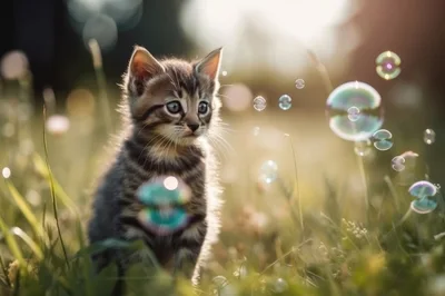 Cute Tabby Kitten Watching Floating Bubbles Outdoors