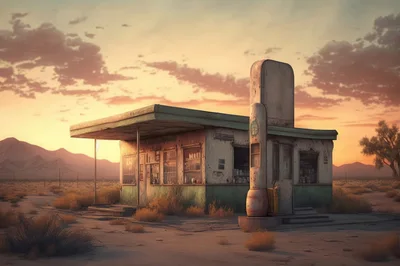 Abandoned Desert Gas Station At Sunset