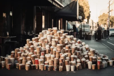 Large Pile Of Discarded Coffee Cups On City Sidewalk