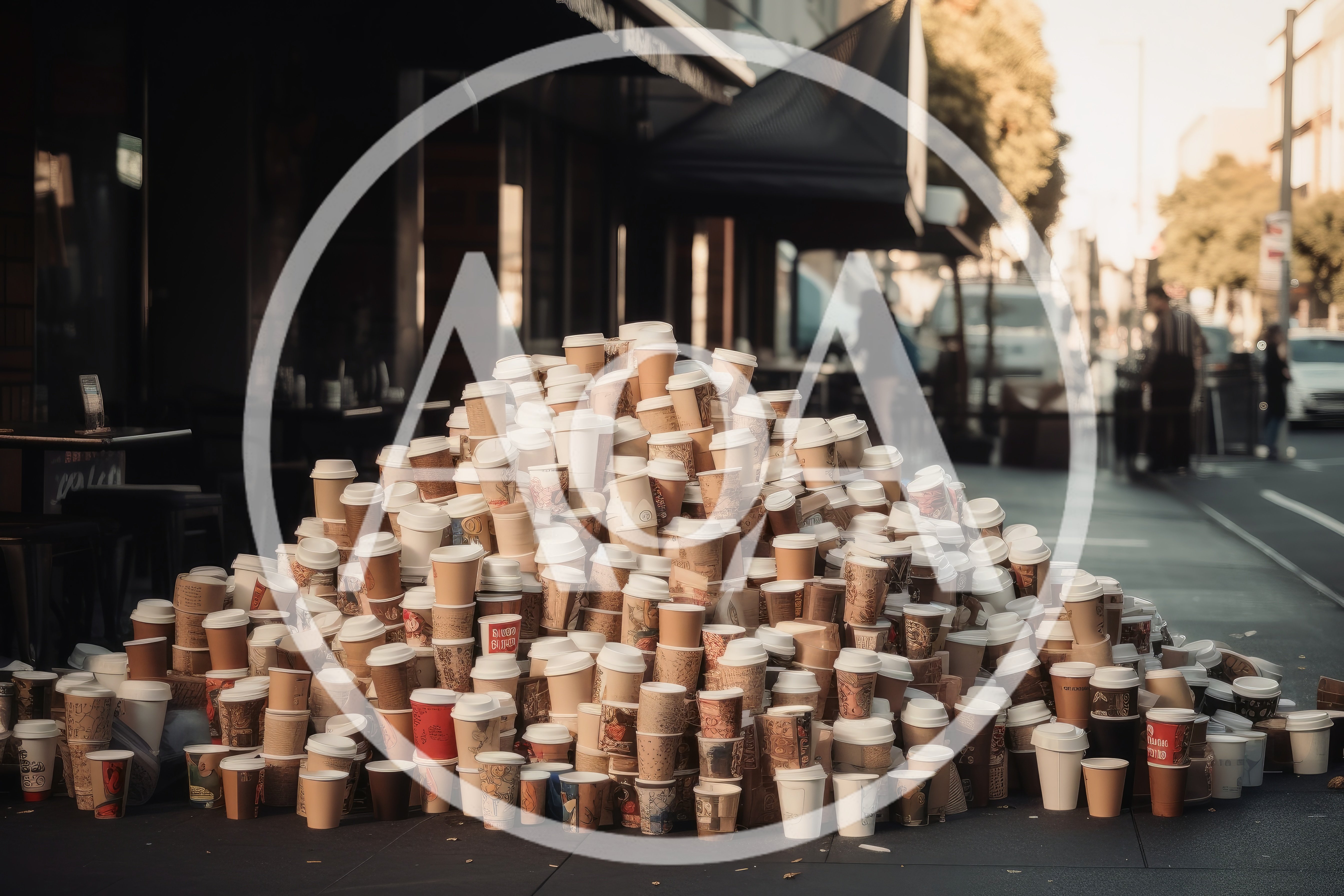 Large Pile Of Discarded Coffee Cups On City Sidewalk