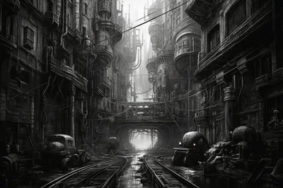 Dystopian Industrial Cityscape With Railway Tracks