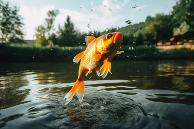 Golden Fish Jumping Out Of A Pond