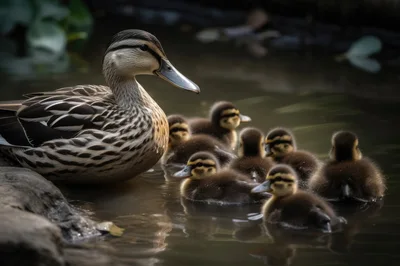 Mother Duck Swimming With Her Ducklings In A Pond