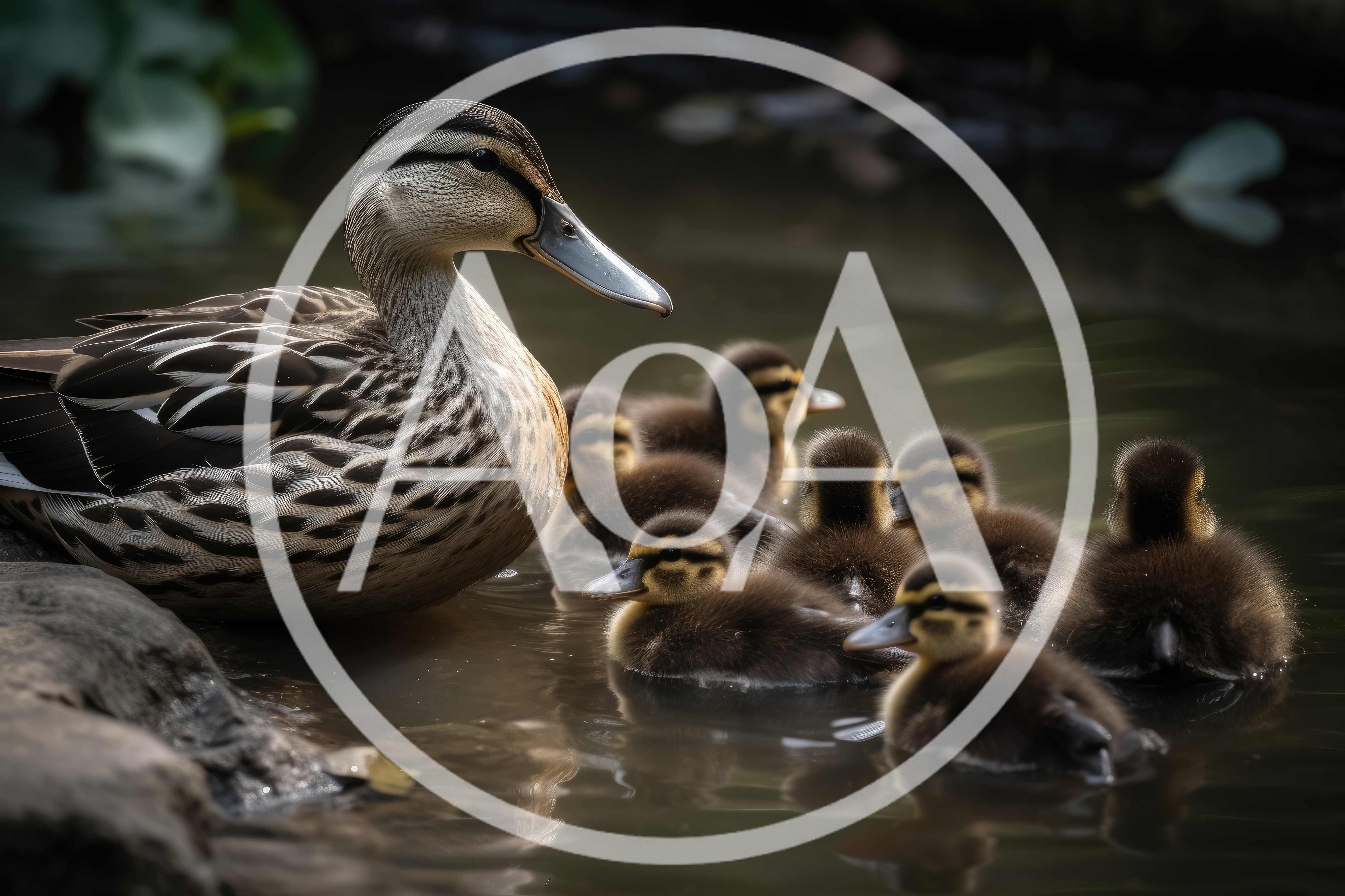 Mother Duck Swimming With Her Ducklings In A Pond