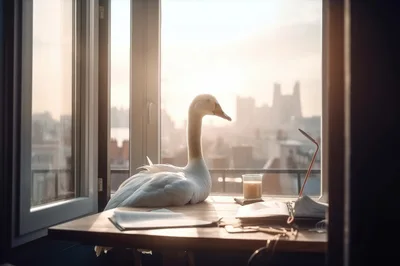 White Swan Sitting On A Desk By A Window