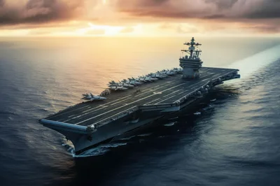US Navy Aircraft Carrier Sailing At Sunset