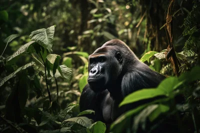 Silverback Gorilla Resting In Lush Tropical Rainforest