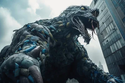 Giant Trash Monster Attacking A Modern City