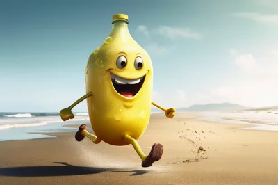 Anthropomorphic Banana Bottle Character Running On Beach