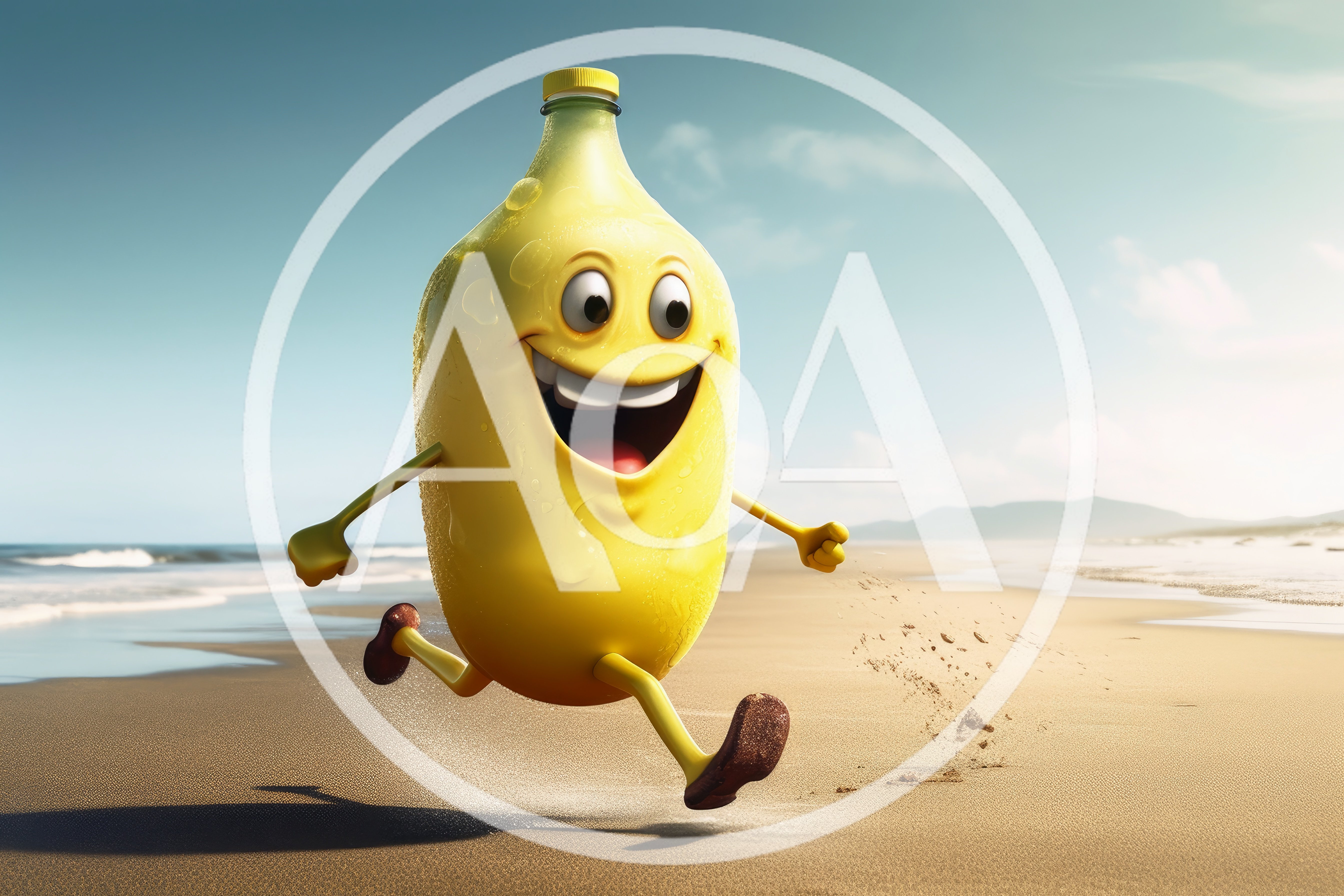 Anthropomorphic Banana Bottle Character Running On Beach