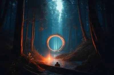 Mystical Glowing Portal In A Dark Enchanted Forest
