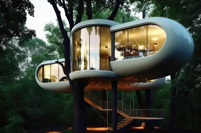 Modern Futuristic Treehouse Architecture In A Lush Forest