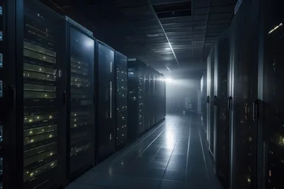 Modern Data Center Server Room With Glowing Equipment