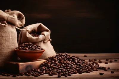 Roasted Coffee Beans In Burlap Sacks And Bowl