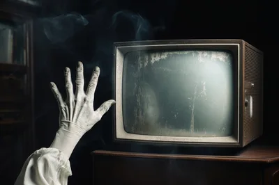 Ghostly Hand Reaching Toward An Old Dusty Television
