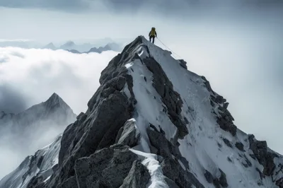 Mountaineer Standing On A Snowy Mountain Peak