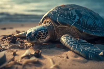 Sea Turtle Resting On A Sandy Beach At Sunset