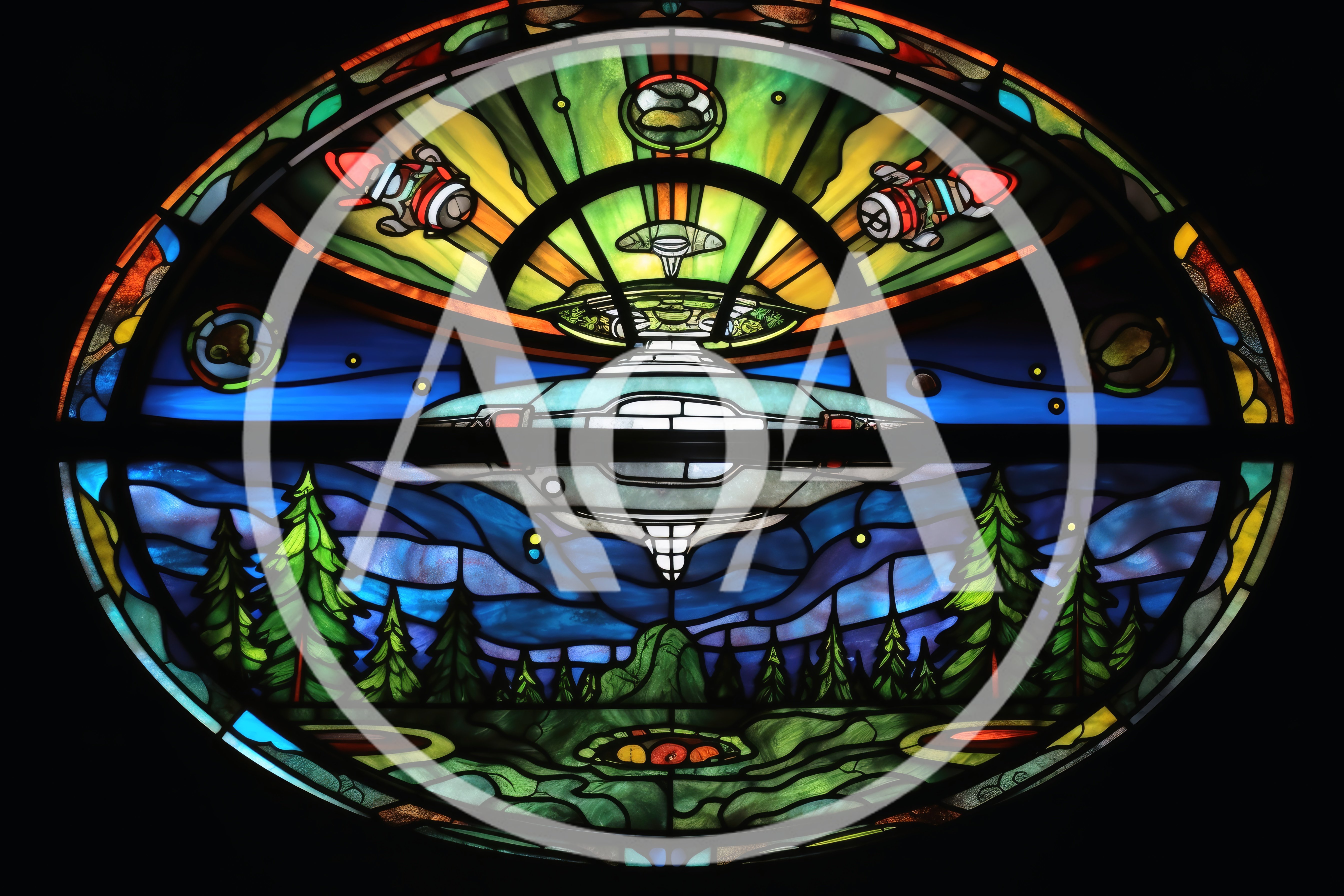 Stained Glass Window Featuring A Flying Saucer Over Forest