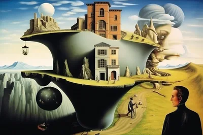 Surrealist Landscape Painting With Floating Architectural Structures