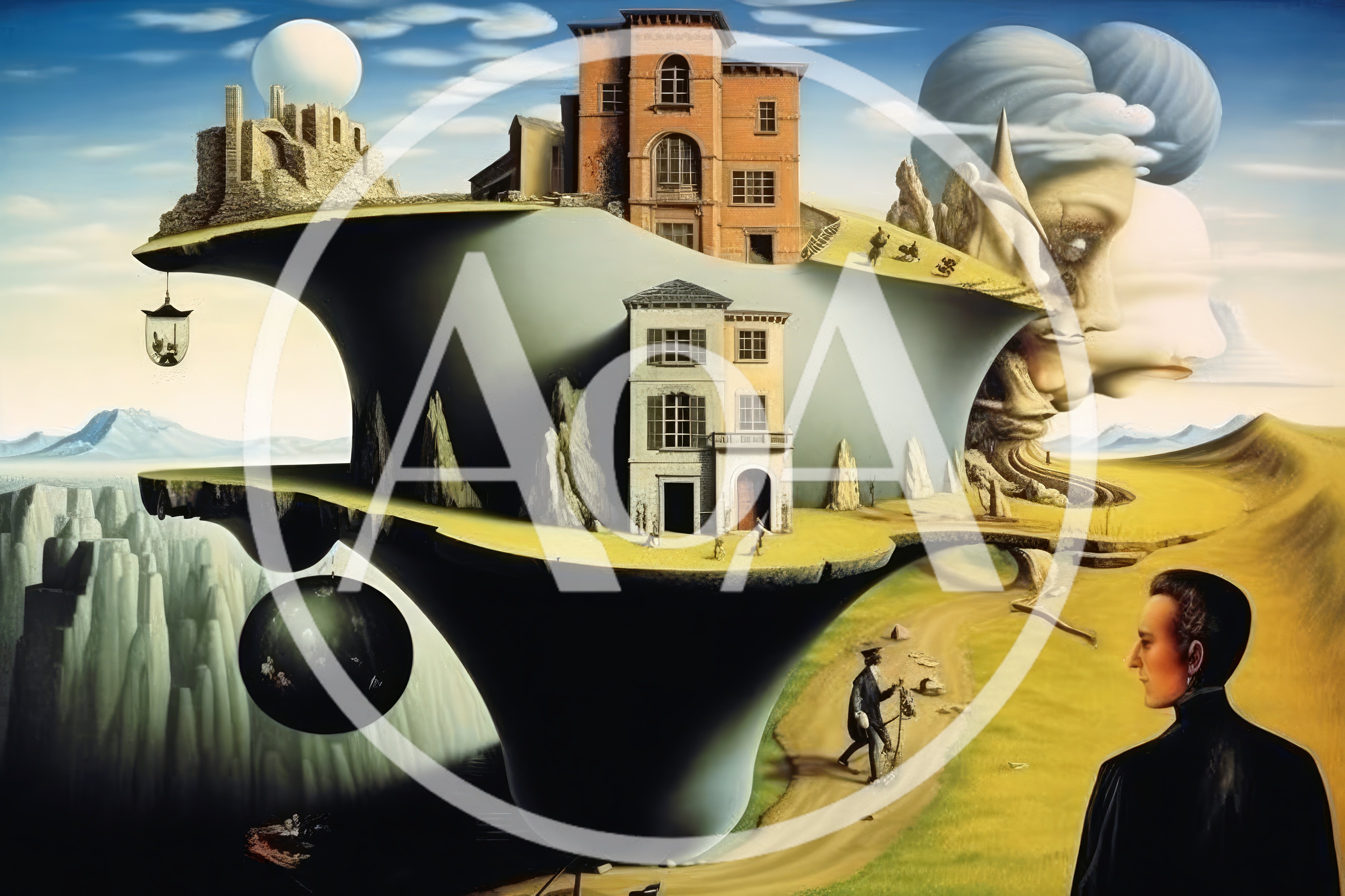 Surrealist Landscape Painting With Floating Architectural Structures