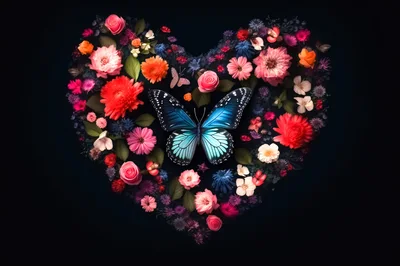 Blue Butterfly Resting On A Heart Shaped Floral Arrangement