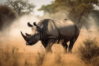 White Rhinoceros Standing In The African Savanna
