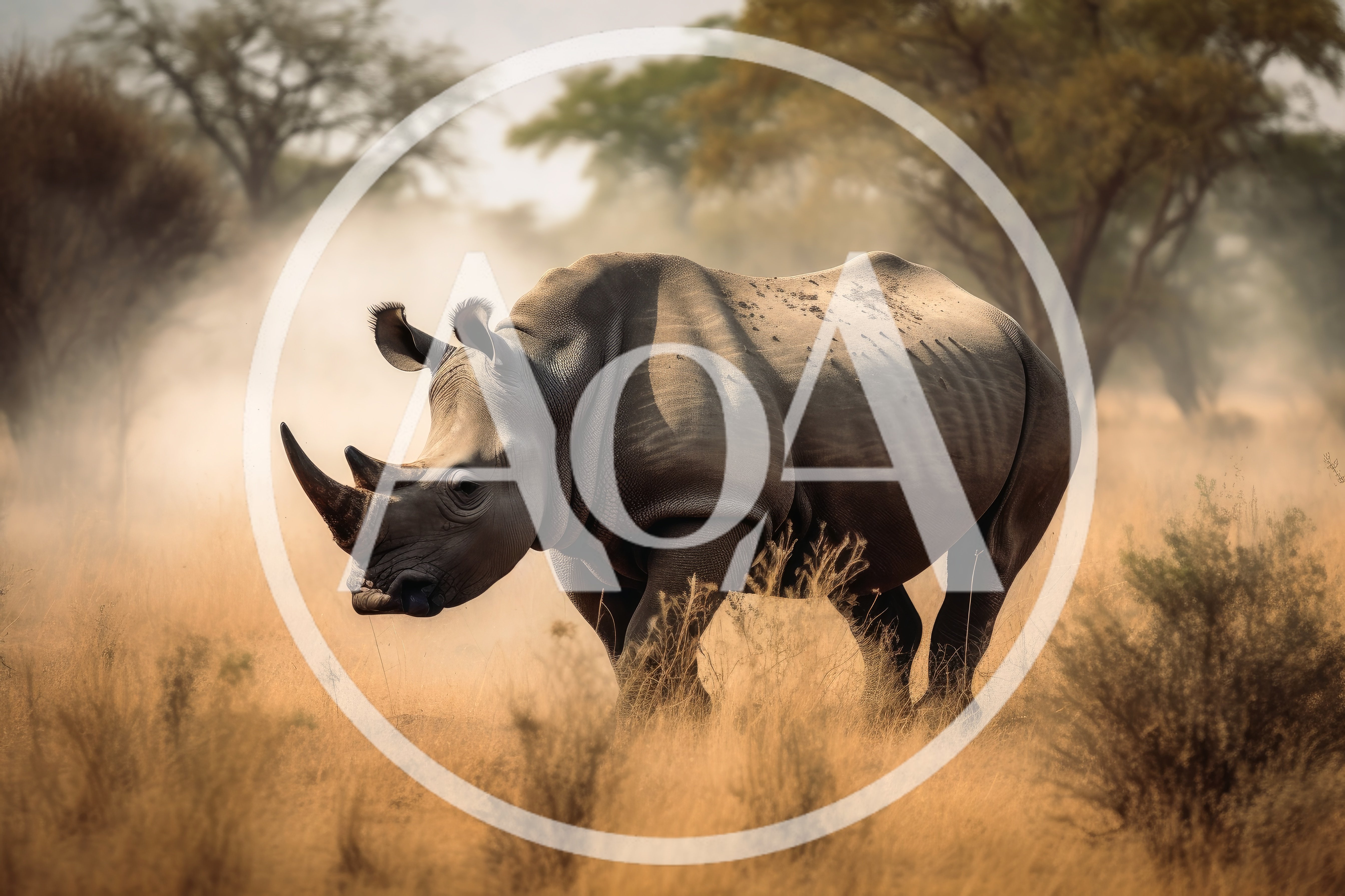 White Rhinoceros Standing In The African Savanna