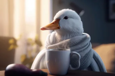 White Duck Wrapped In A Blanket Drinking Coffee
