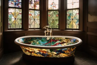 Stained Glass Bathtub in Elegant Wood Paneled Bathroom