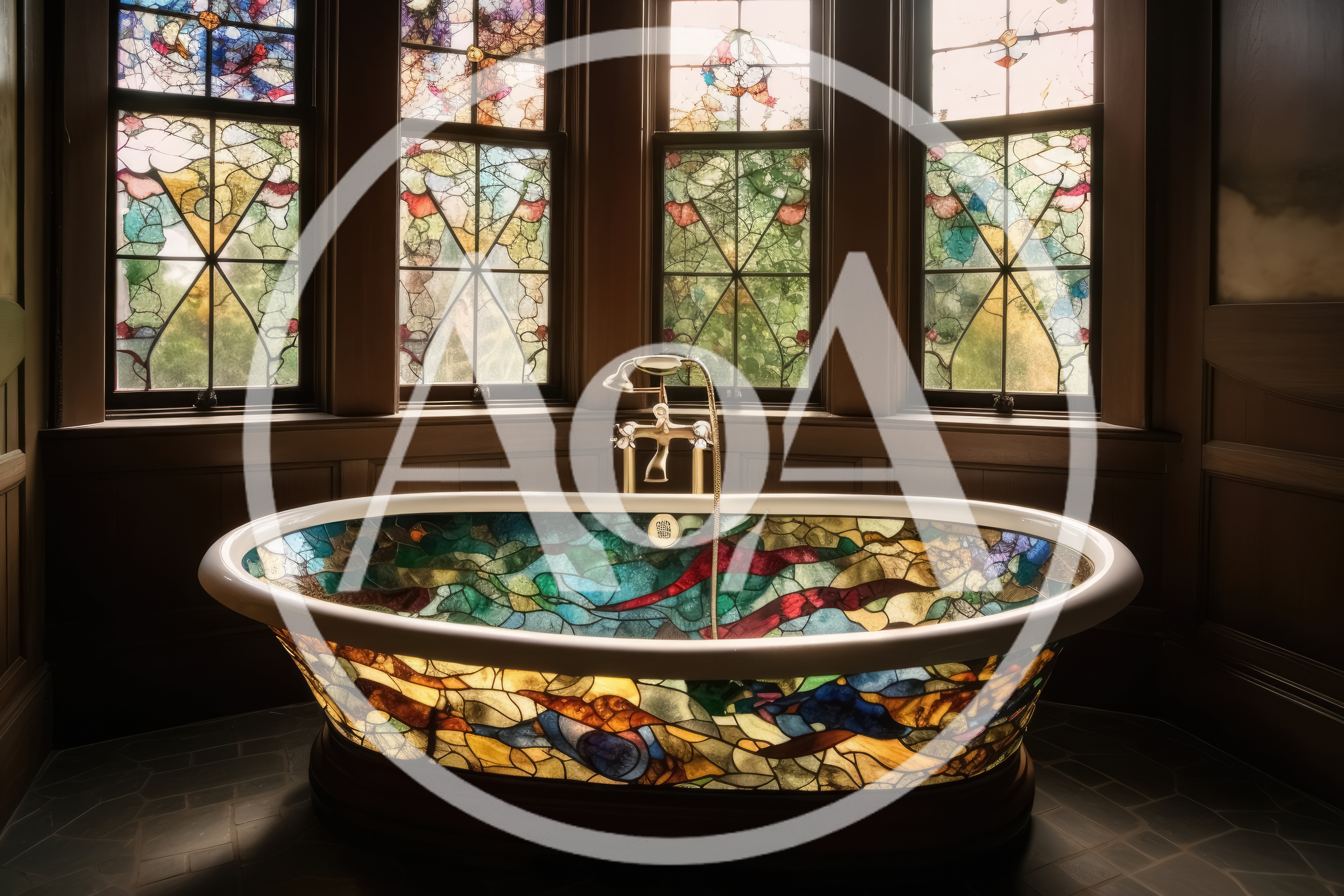 Stained Glass Bathtub in Elegant Wood Paneled Bathroom
