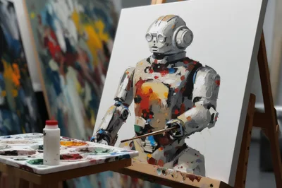 Oil Painting Of A Robot Artist On Canvas