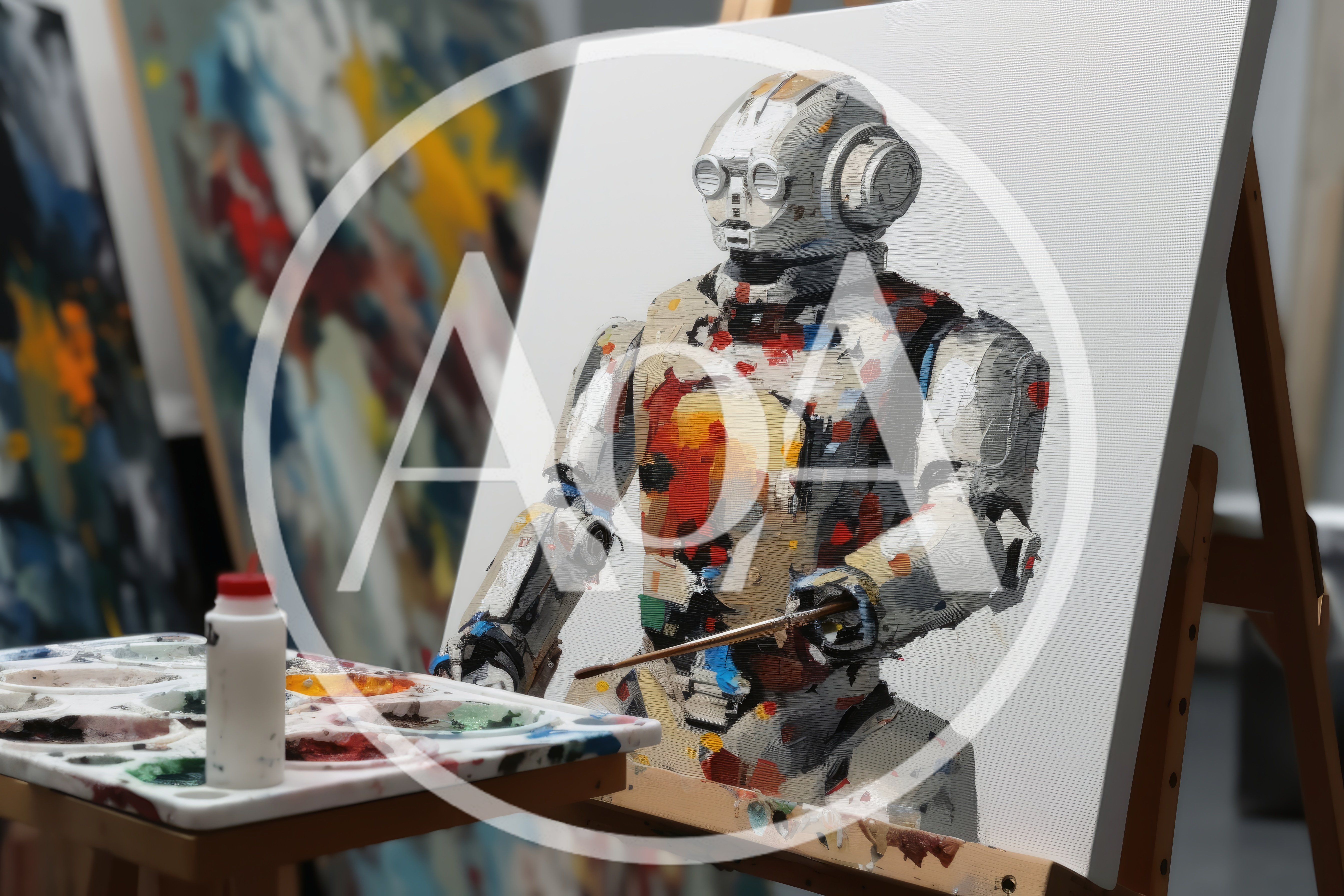 Oil Painting Of A Robot Artist On Canvas