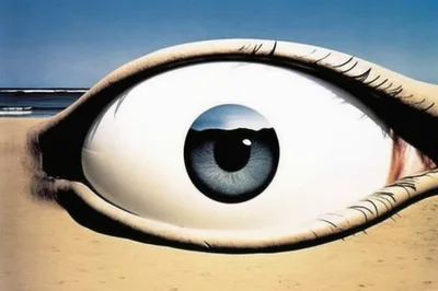 Surreal Giant Human Eye Resting On Sandy Beach