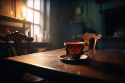 Vintage Teacup On A Wooden Table In Dimly Lit Room