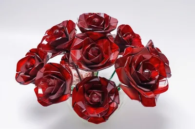 Artificial Red Glass Rose Bouquet In Glass Vase