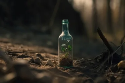 Small Green Plant Growing Inside A Glass Bottle