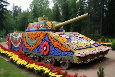 Floral Covered Tank Sculpture In A Lush Park