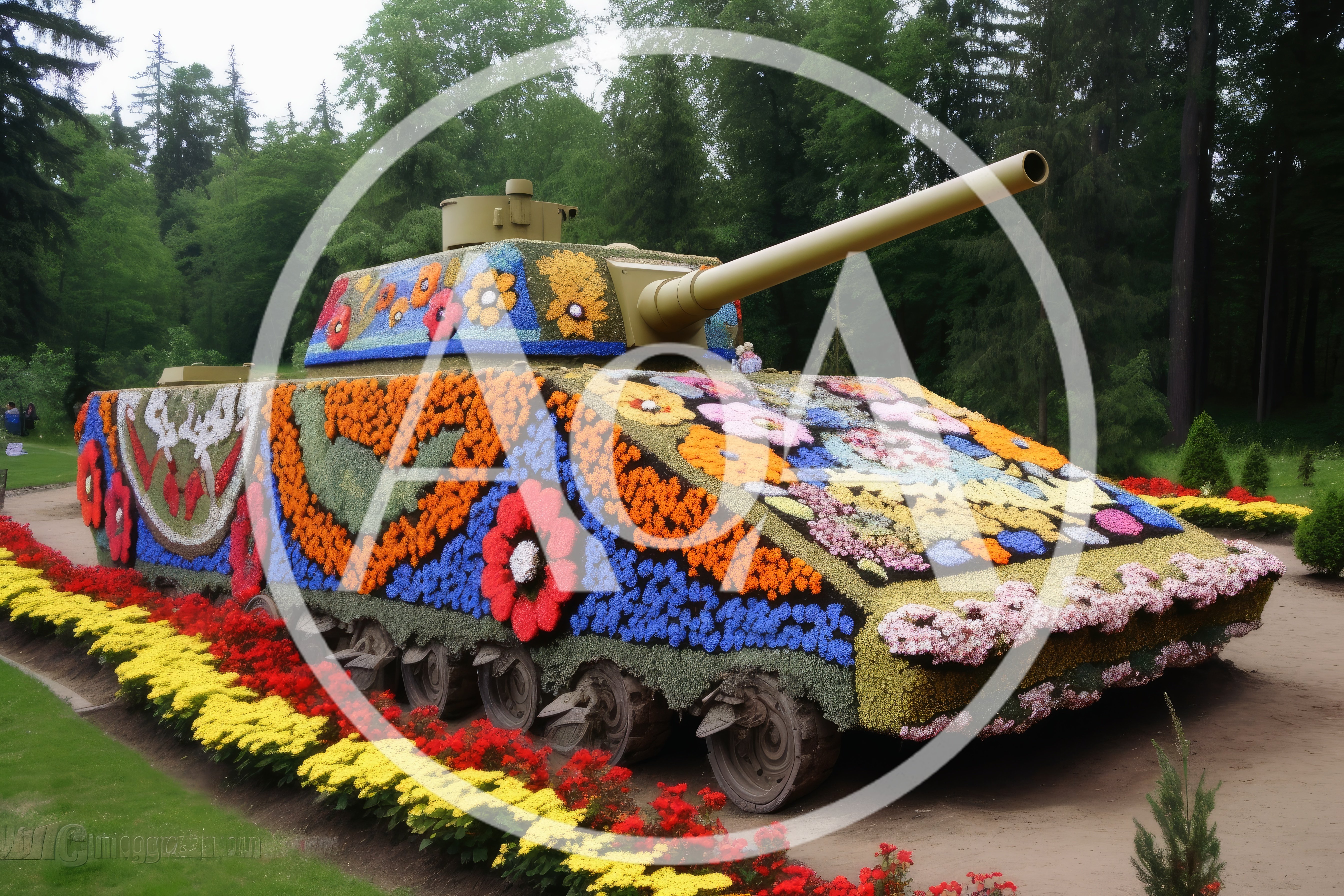 Floral Covered Tank Sculpture In A Lush Park