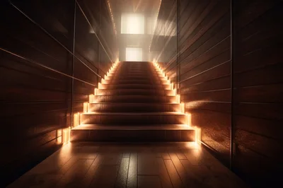 Illuminated Modern Staircase In A Dark Wooden Hallway
