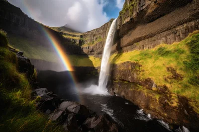 Majestic Waterfall With Rainbow In Icelandic Landscape