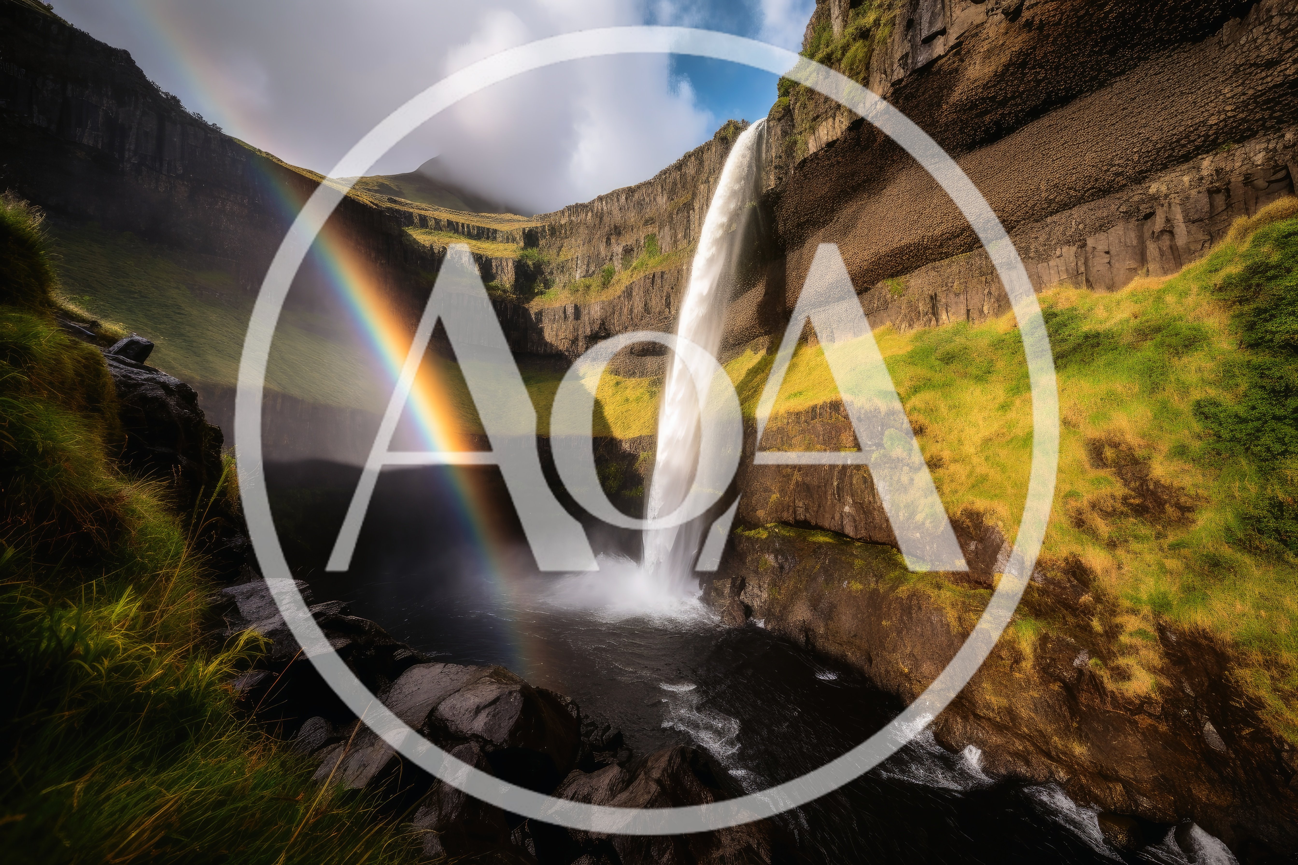 Majestic Waterfall With Rainbow In Icelandic Landscape