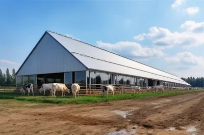 Cows Grazing Outside A Modern Dairy Farm Barn