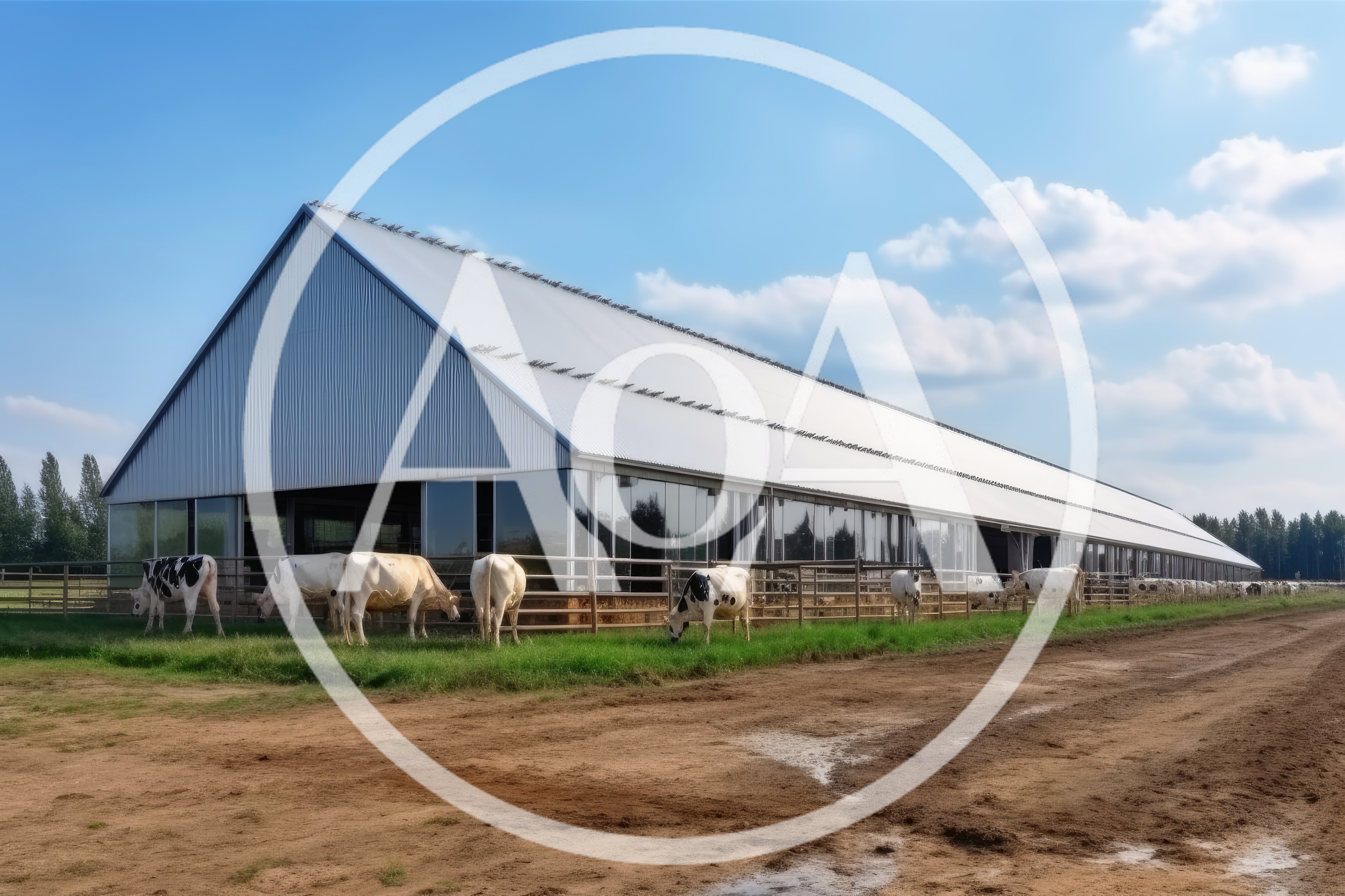 Cows Grazing Outside A Modern Dairy Farm Barn