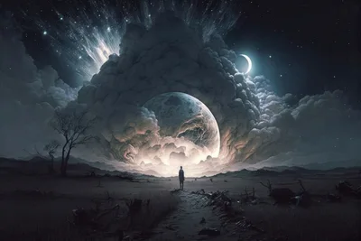 Lone Figure Standing Before A Massive Celestial Moon