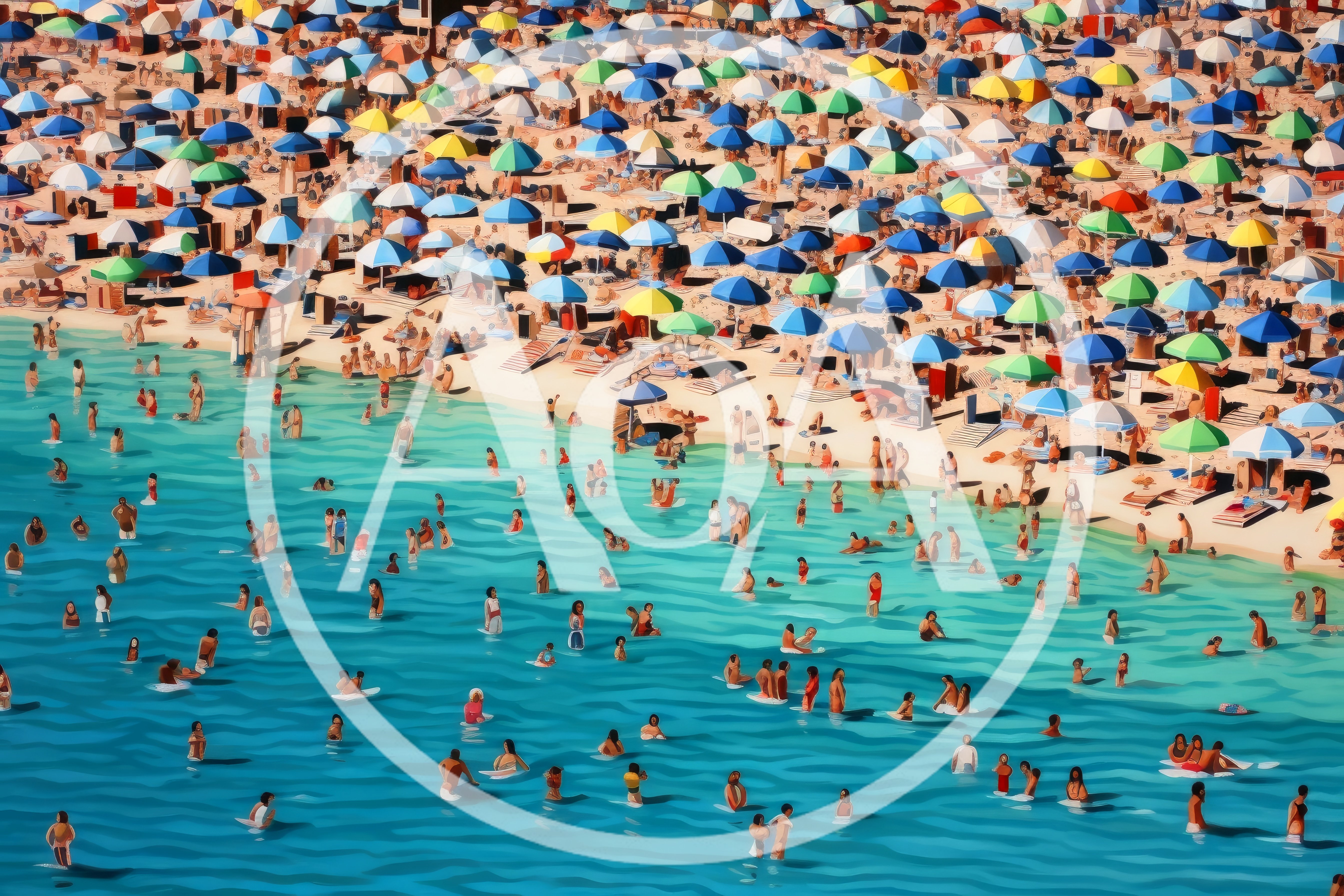 Crowded Tropical Beach With Colorful Umbrellas And Swimmers