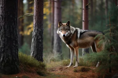 Gray Wolf Standing Alert in a Pine Forest