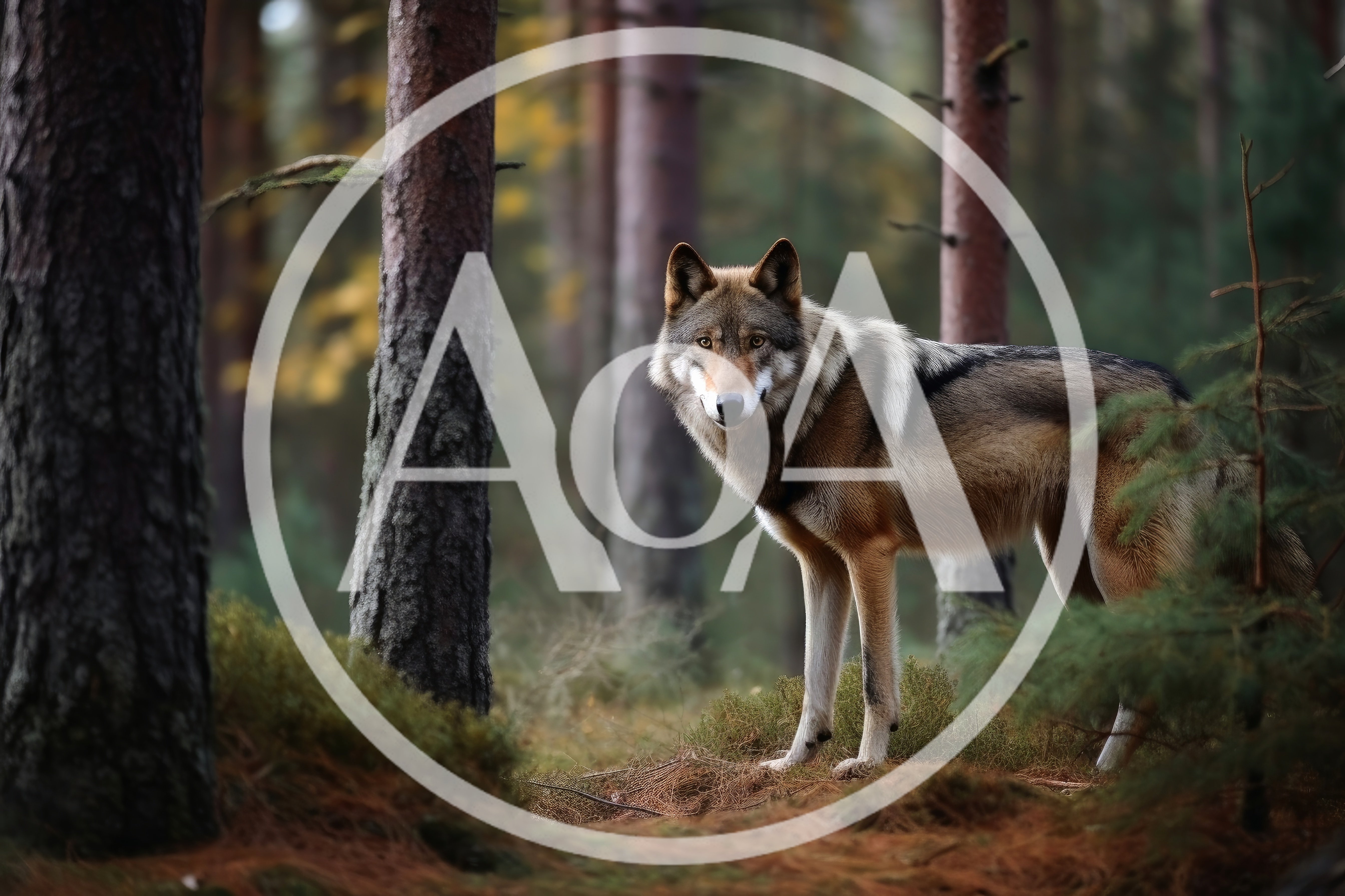 Gray Wolf Standing Alert in a Pine Forest