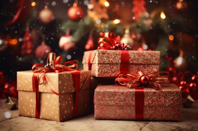 Christmas Gift Boxes With Red Ribbons Under Tree